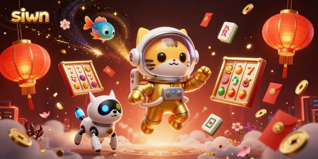 Experience siwn casino excitement with floating slot reels, lucky symbols, and a vibrant cosmic backdrop.