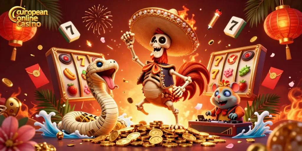 Experience the thrill at an european online casino with vibrant characters celebrating wins amidst dynamic casino elements.