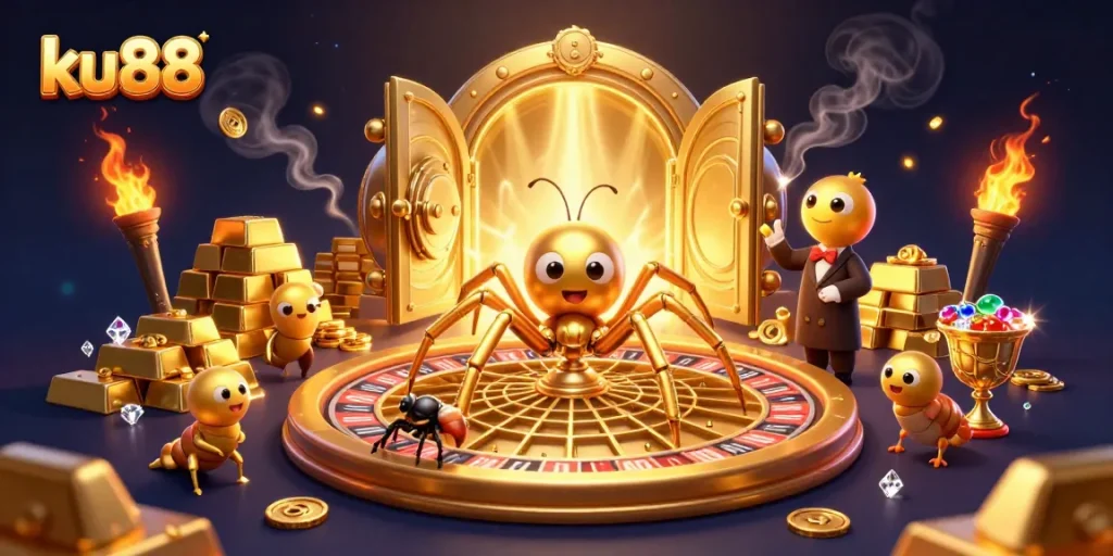 Bet big with ku88: A whimsical scene of a golden spider croupier and a betting fly in a vibrant casino