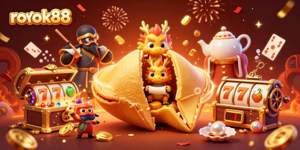 Experience thrilling wins at rokok88 with a vibrant casino scene featuring golden fortune symbols and animated slot reels.