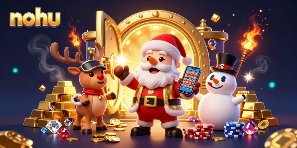 Nohu players enjoying the jackpot slots experience with festive characters in a vibrant casino scene.