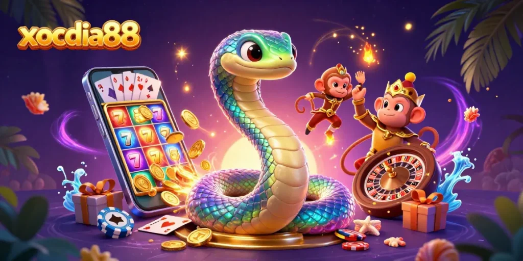 Immerse in xocdia88's vibrant online casino world with a colorful slot game and magical characters.