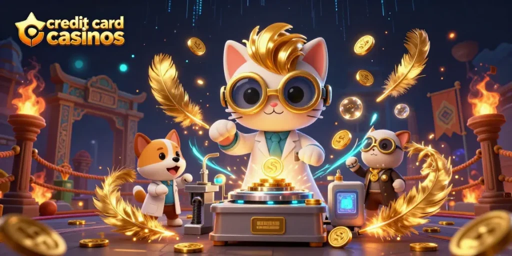 Engaging scene depicting credit card casinos with a mad scientist cat and assistant creating gold coins.