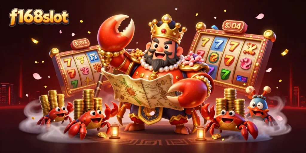 Experience the excitement of f168slot with a dazzling golden crab emperor amidst lush casino elements.