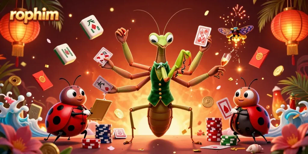 Experience exciting rophim slots with vibrant casino action featuring a praying mantis card sharp.