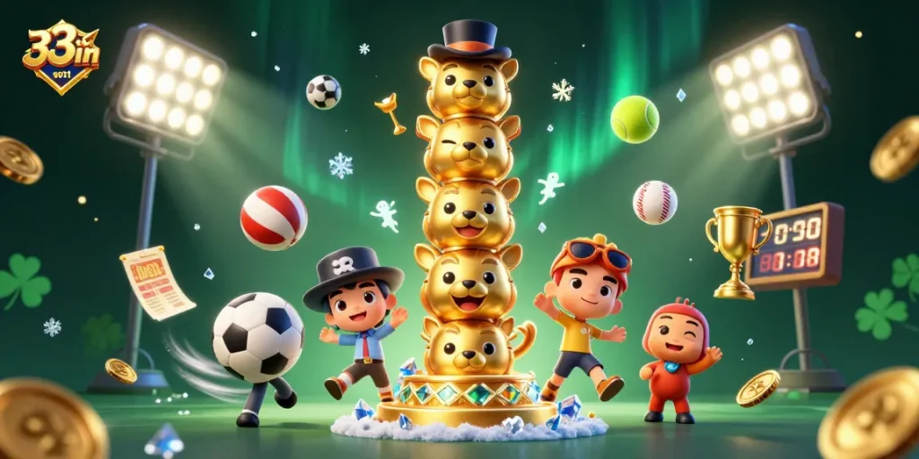 Engage in thrilling gameplay at 33win with a vibrant 3D casino scene showcasing dynamic sports elements.