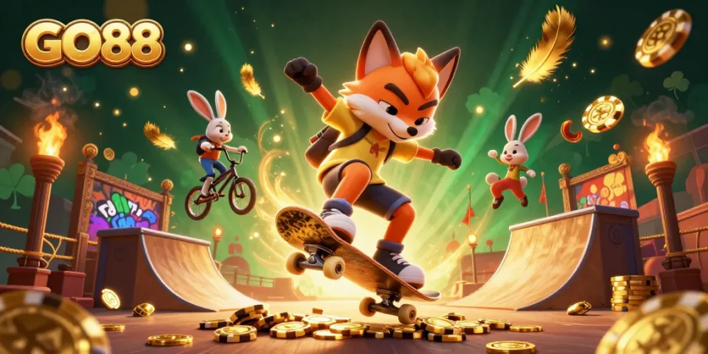 Experience exciting gameplay at GO88 with vibrant illustration featuring gaming characters and casino elements.