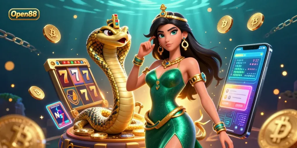 Experience winning with Open88 in this vibrant casino illustration featuring slot games and crypto elements.