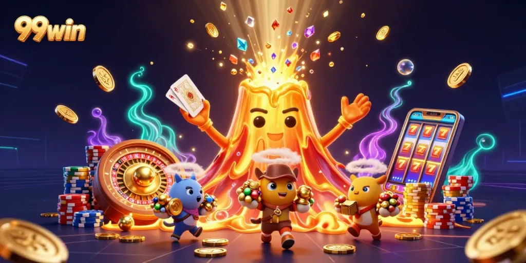 Experience thrilling gaming adventures with 99win as golden coins erupt from a volcano.
