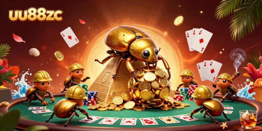 Experience the excitement of uu88zc with a dynamic illustration showcasing golden beetles in a casino setting.