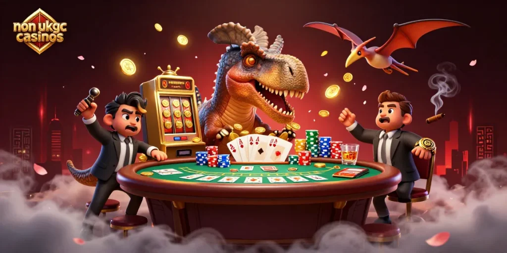 Catch non UKGC casinos jackpots with a pachycephalosaurus and thrilling casino scene.