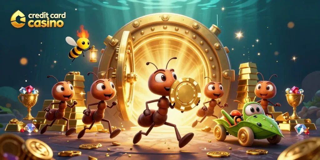 Engaging scene of a credit card casino risk with a heist team of ants carrying a giant poker chip.