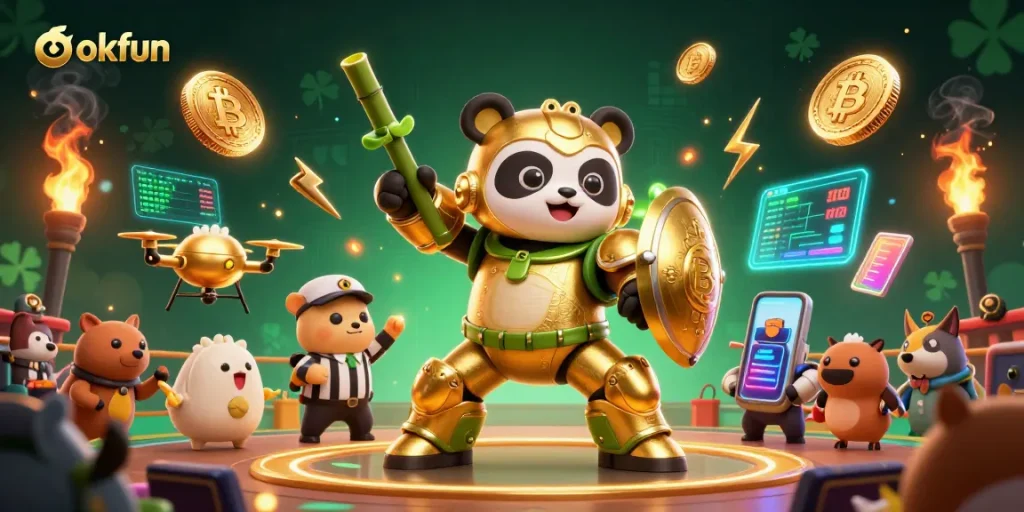Experience thrilling action at okfun with vibrant 3D illustration of a panda on a robot showcasing high-stakes gaming.