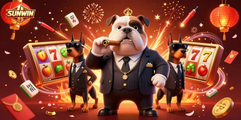 SUNWIN reveals a vibrant 3D casino scene with a mafia bulldog and guard Dobermans amid colorful slot reels.