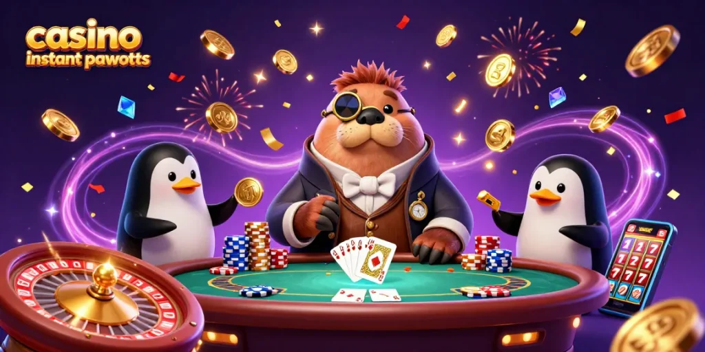 Experience thrilling casino instant payouts with a walrus, penguin dealer, and pufferfish in a vibrant scene.
