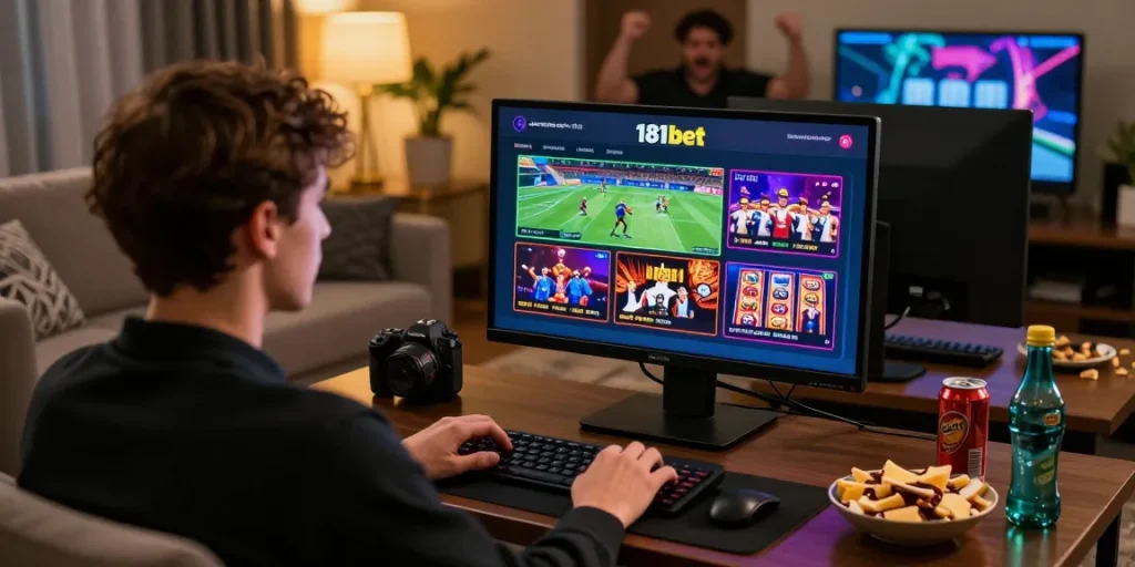 Engaging player using 181bet platform for sports and casino betting experience at home.