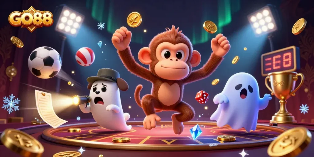 GO88 players track a mischievous poltergeist monkey juggling gold in a haunted casino scene.