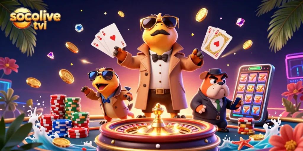 Socolive tivi offers thrilling live sports betting with an engaging cartoon scene featuring clever raptors at a VIP casino.