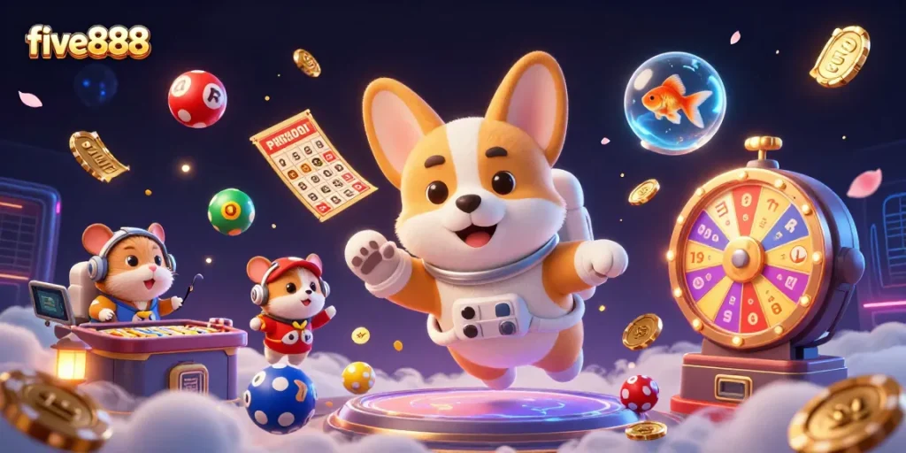 Engage with five888 in a dynamic space casino scene featuring unique characters amid energetic gaming elements.