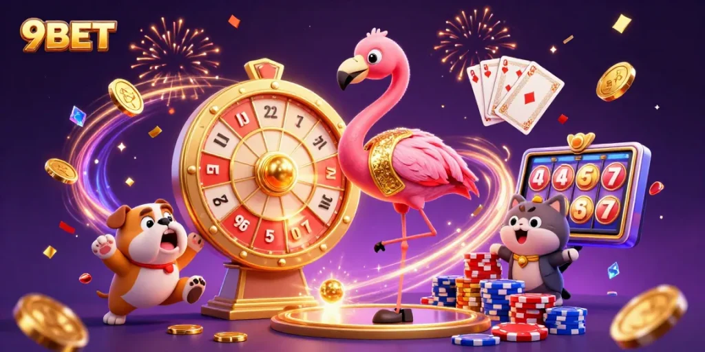 Win big at 9BET with spinning prize wheels and exciting games in a vibrant 3D casino scene