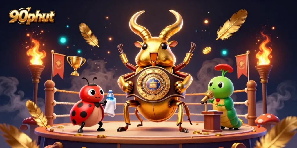 Betting on exciting matches with 90phut, featuring a giant beetle champion, ladybug corner-man, and caterpillar announcer.