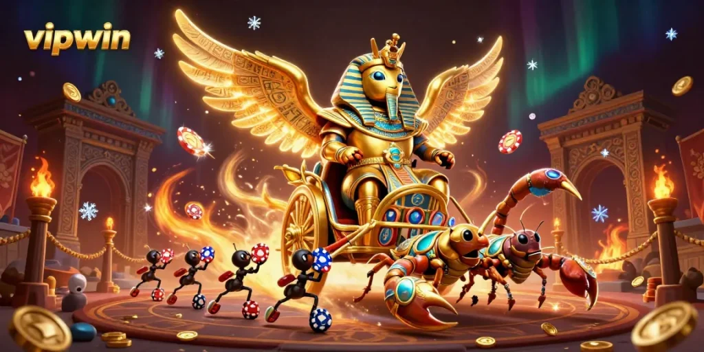 Engage in thrilling gaming adventures at vipwin with epic casino scenes featuring massive scarabs and gold coins.