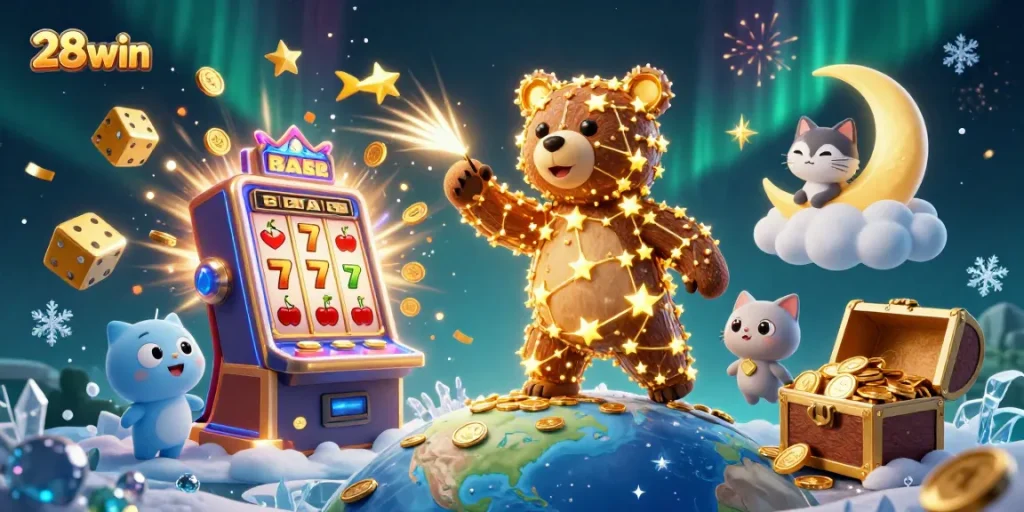 Experience the thrill of winning with 28win's exciting jackpot slot machine in a vibrant casino scene