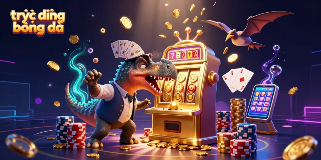 Experience trực tiếp bóng đá excitement as a cartoon pachycephalosaurus wins big on a golden slot machine.
