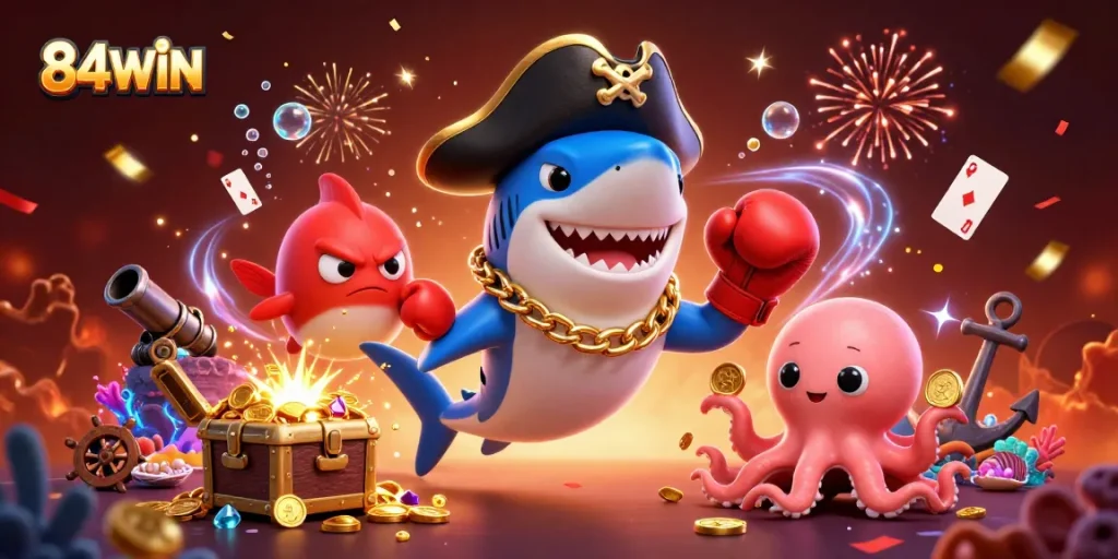 Experience thrilling gambling action with 84WIN's vibrant casino scene featuring lively characters and rich treasures.