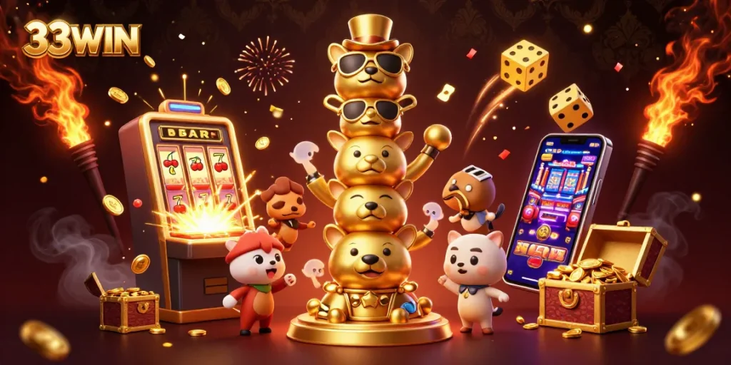 Experience the excitement of 33WIN with vibrant casino games and thrilling jackpots in a rich digital art scene.