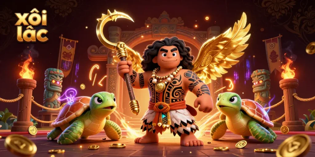 Experience thrilling xôi lạc actions surrounded by glowing tiki statues, golden coins, and dynamic casino elements.
