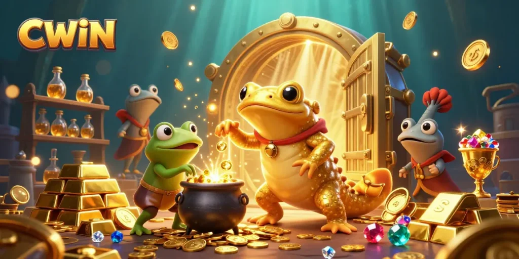 CWIN showcases dynamic gaming with a golden salamander alchemist in a vibrant casino scenario.