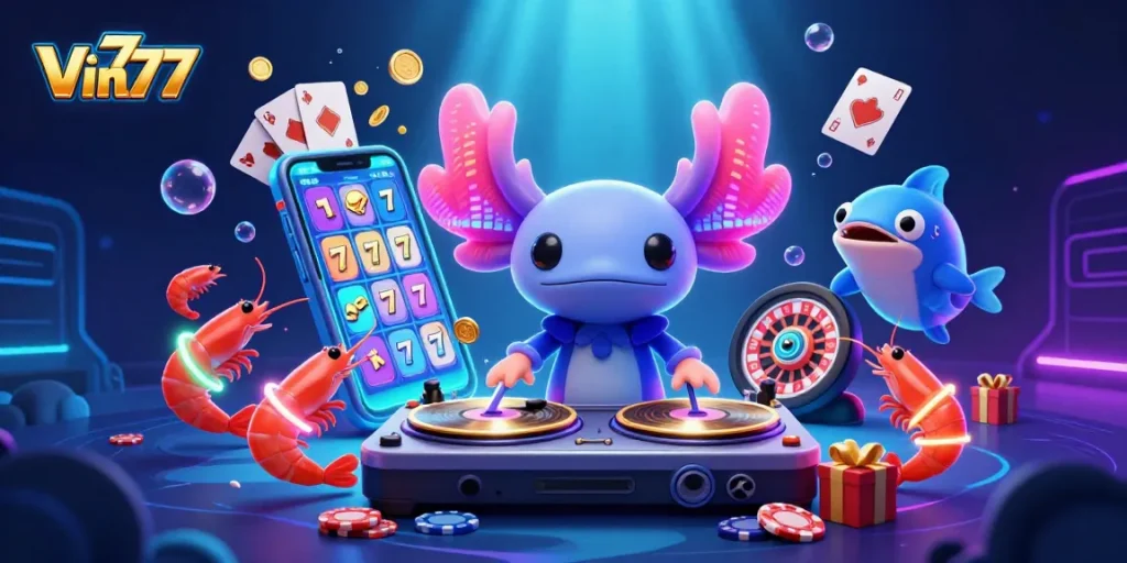 Engage in thrilling gameplay at Vin777 with a neon axolotl DJ and vibrant casino elements.