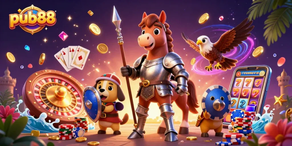 Engage with pub88's exciting casino experience through this detailed illustration featuring vibrant game elements.