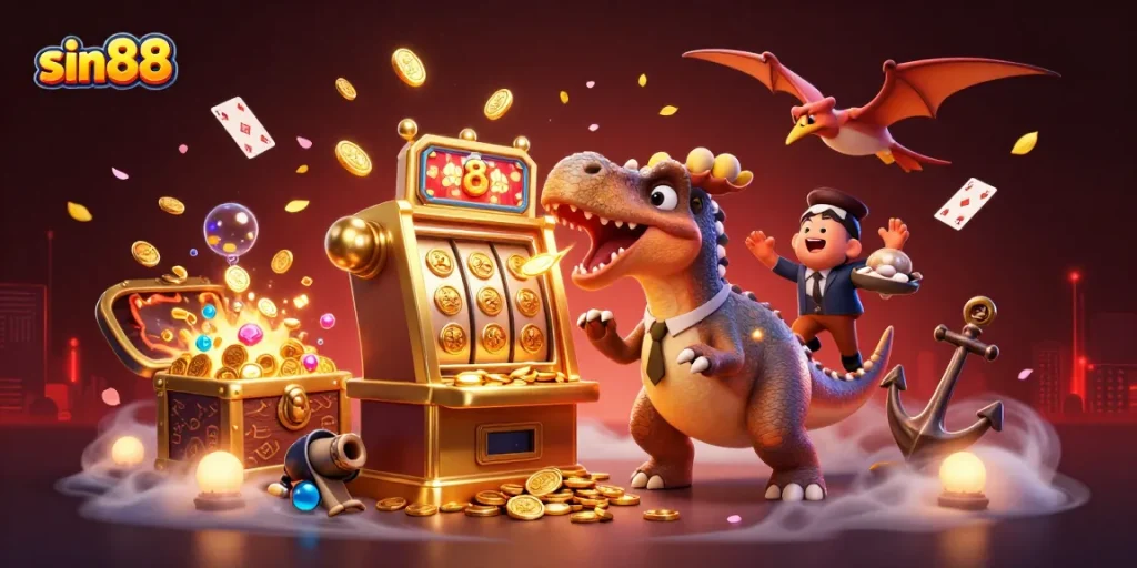 Experience thrilling wins at sin88 with a dynamic cartoon scene of a cartoon dinosaur and casino characters interacting.