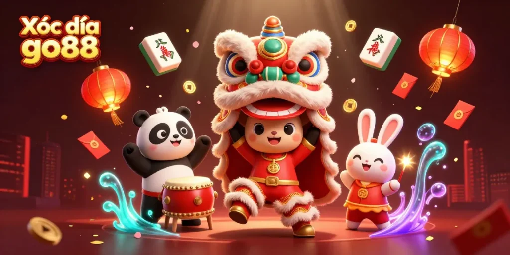 Xóc đĩa go88 showcases an energetic scene with festive characters and dynamic casino elements.